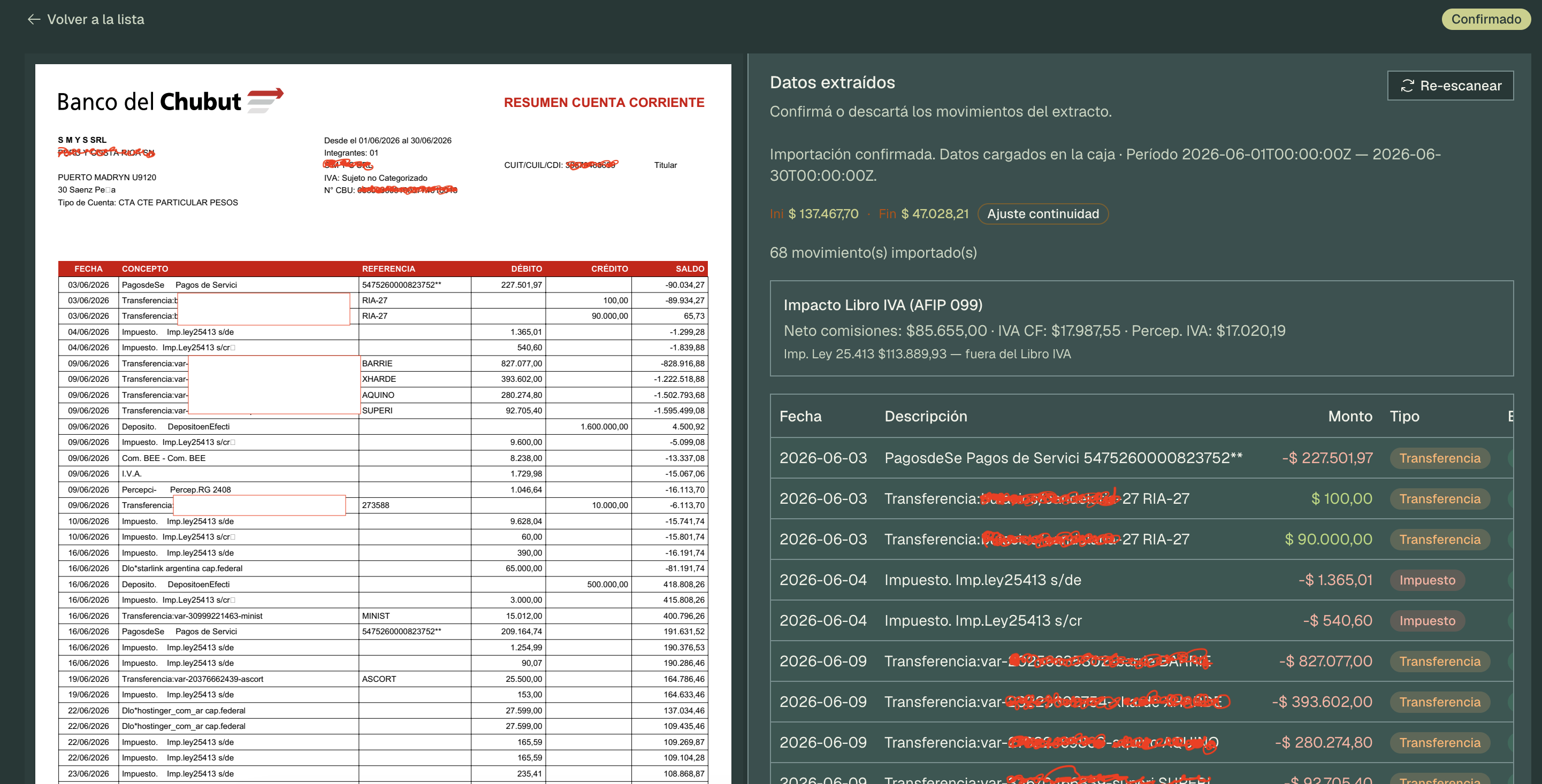 PDF del extracto al lado de los datos extraídos